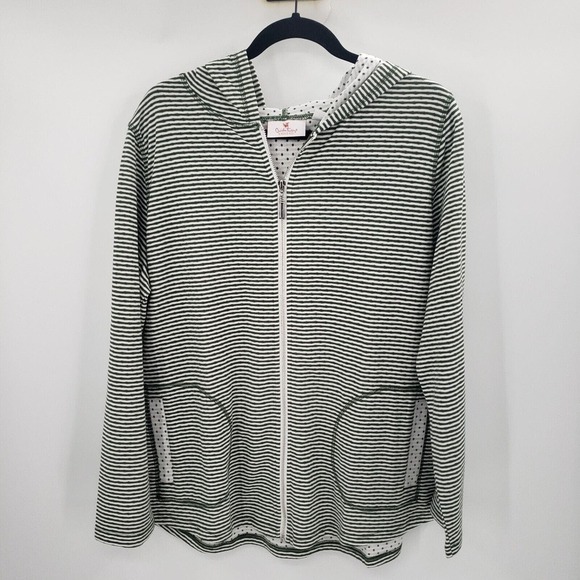 Quacker Factory Striped Hooded Knit Jacket Womens Large Green White Full Zip - Picture 12 of 12